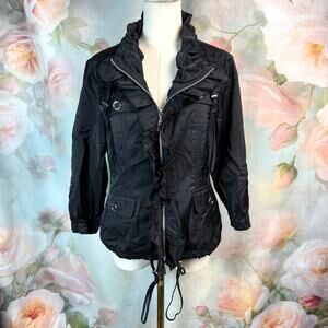 White House Black Market Black Ruffle Trim Zip Up Multi Pocket Jacket